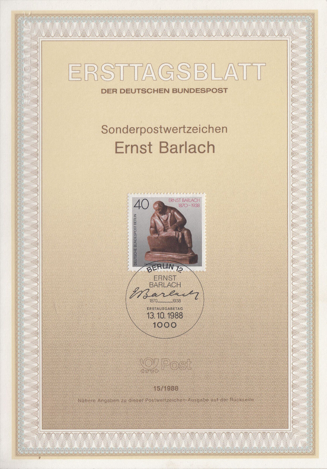 TIMBRE FDC ALLEMAGNE BERLIN OBL ERSTTAGSBLATT ERNST BARLACH SCULPTEUR 1988 122243443174