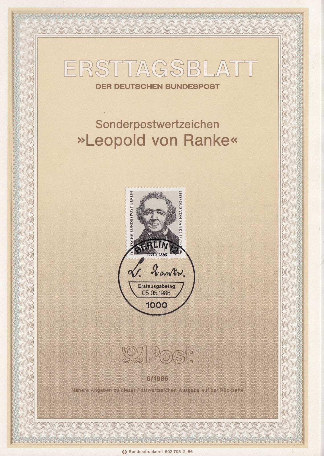 TIMBRE FDC ALLEMAGNE BERLIN OBL ERSTTAGSBLATT LEOPOLD VON RANKE 1986 122246602794