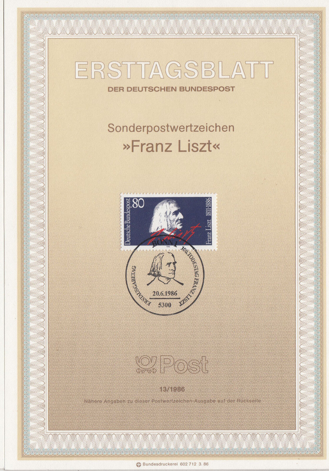 TIMBRE FDC ALLEMAGNE BONN OBL ERSTTAGSBLATT FRANZ LISZT 1986 122246571664