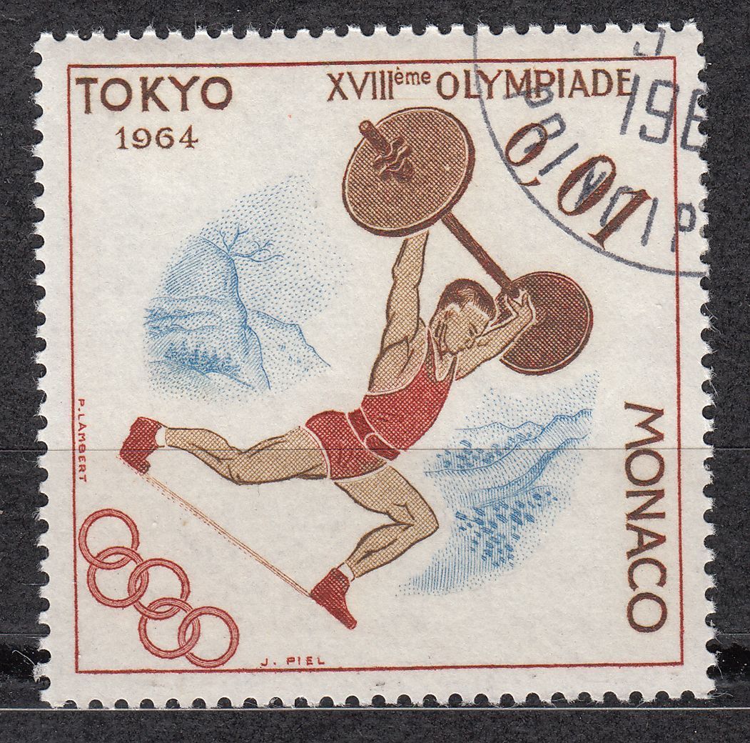 TIMBRE MONACO OBL N 654 JEUX OLYMPIQUES DE TOKYO HALTEROPHILIE 401533299704