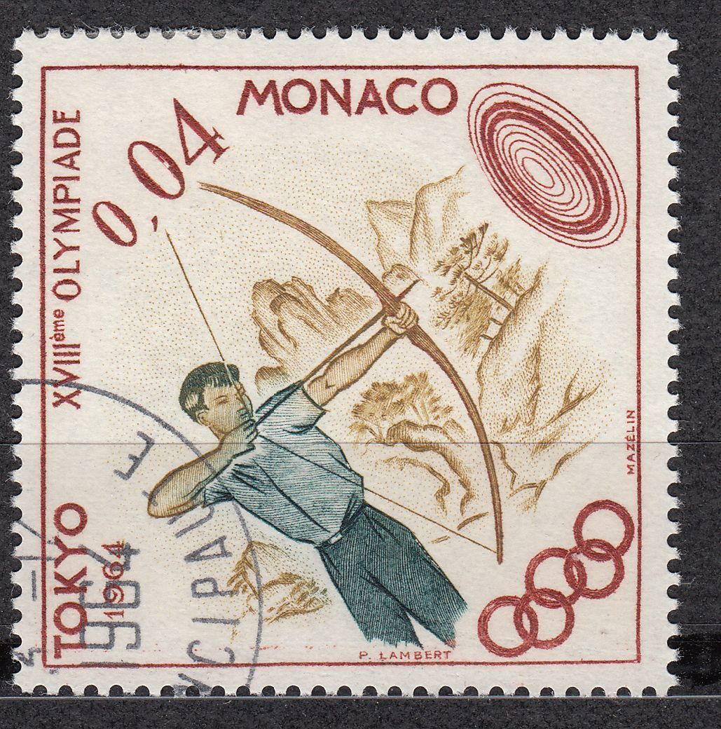 TIMBRE MONACO OBL N 657 JEUX OLYMPIQUES DE TOKYO TIR A L ARC 123116958034