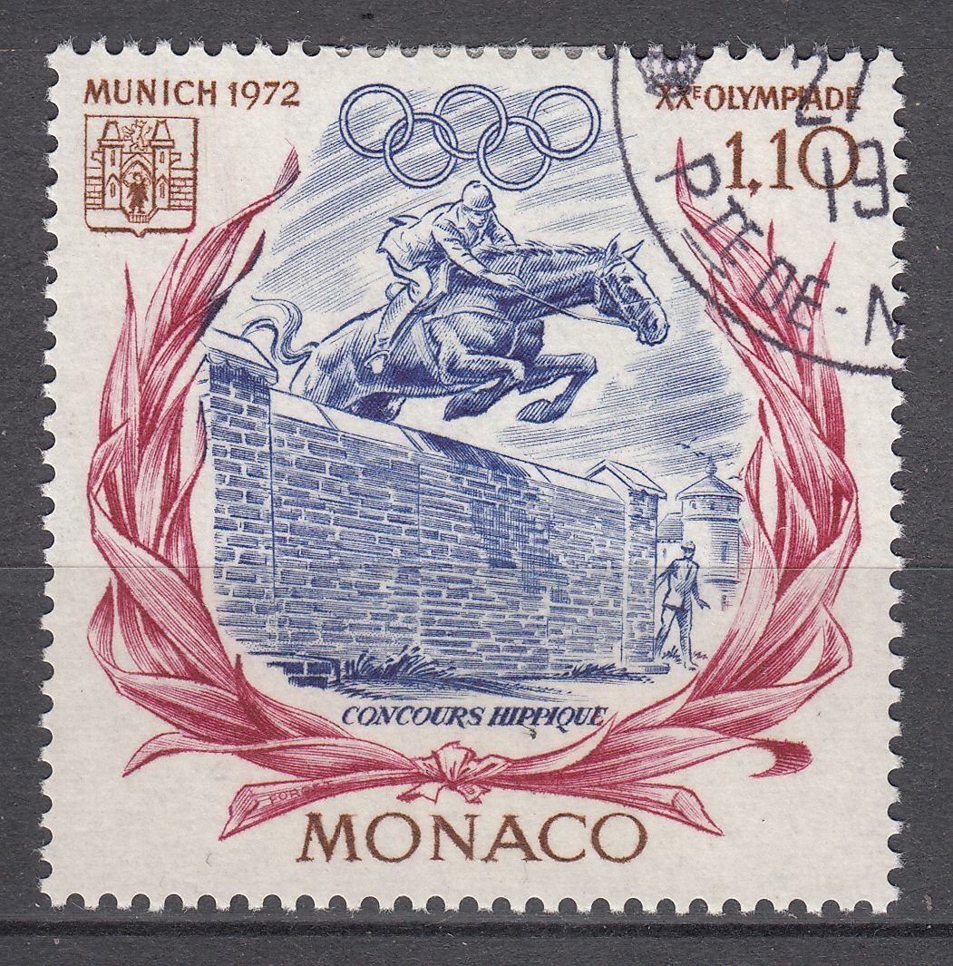 TIMBRE MONACO OBL N 892 XX OLYMPIADE DE MUNICH SAUT DE MUR 401588780884