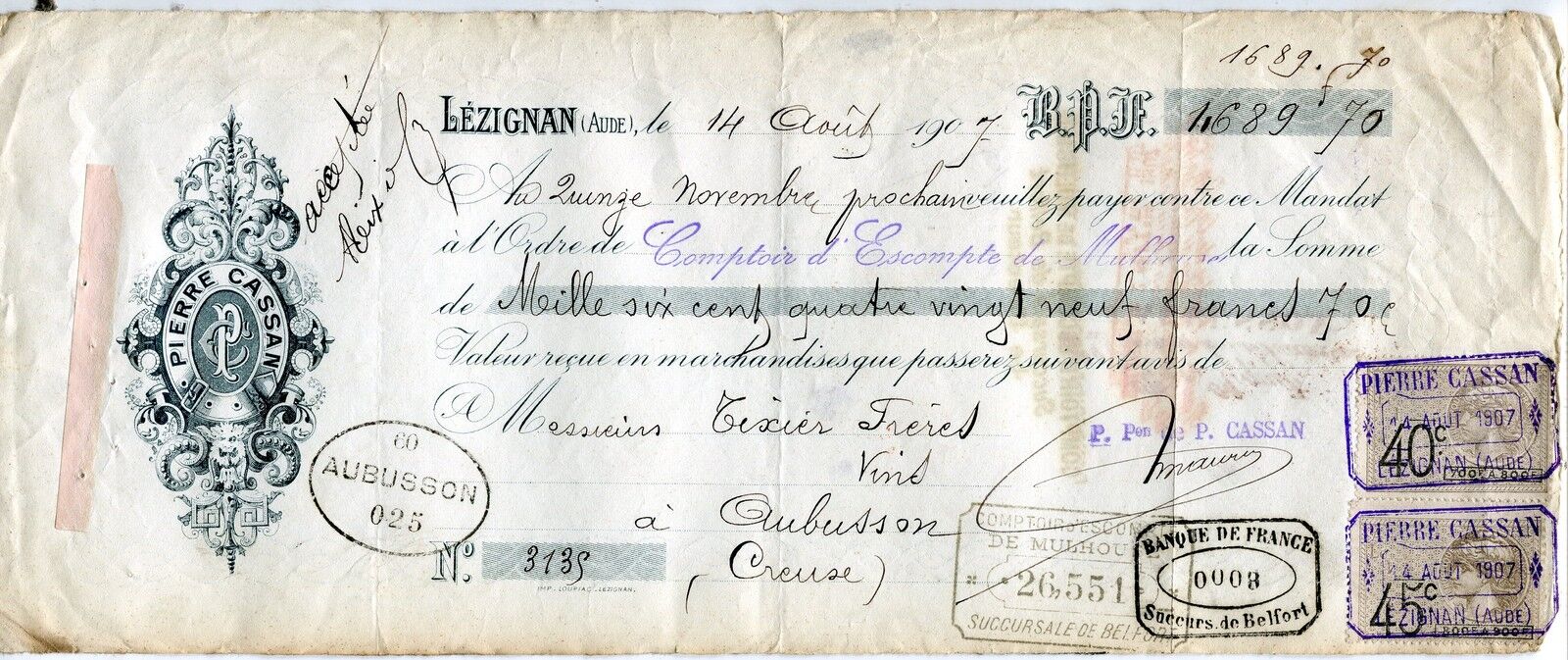 TRAITE 1907 PIERRE CASSAN LEZIGNAN BANQUE DE FRANCE DE BELFORT TIMBRE FISCAL 400807445204