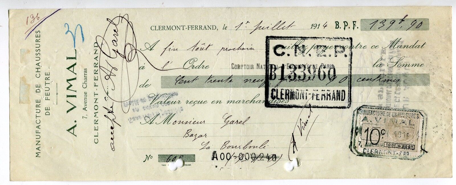 TRAITE 1914 MANUFACTURE DE CHAUSSURE DE FEUTRE CLERMONT FERRAND TIMBRE FISCAL 400738481144