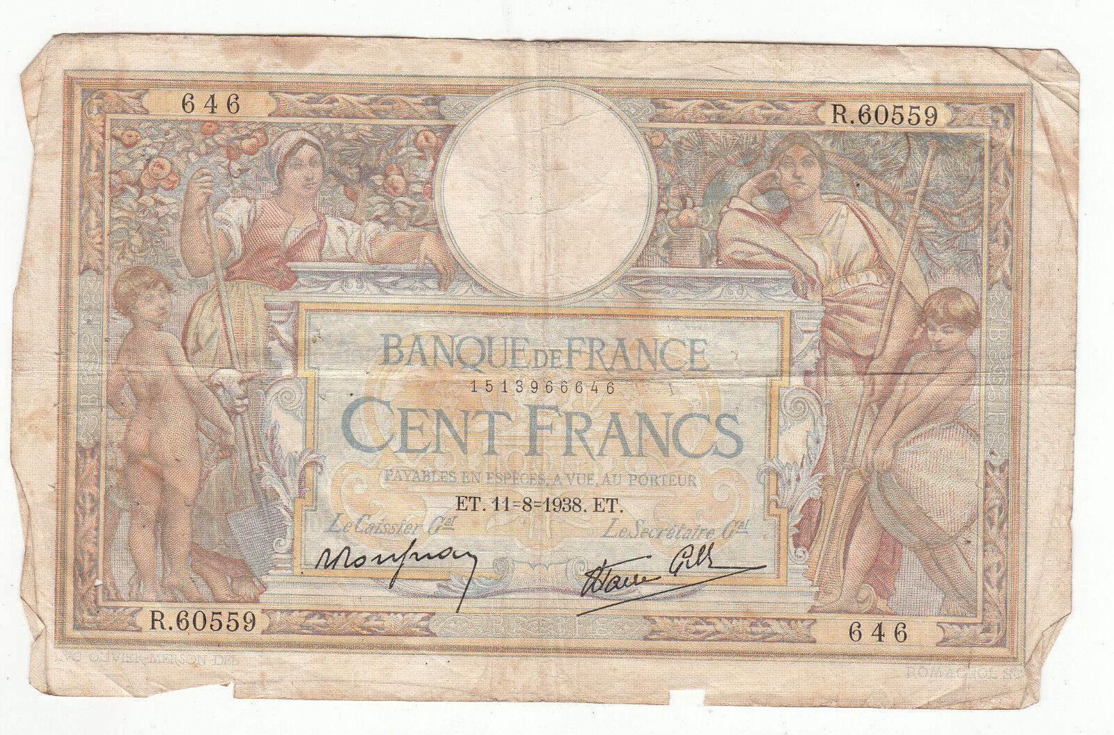 BILLET FRANCE 100 FRANCS MERSON 11 8 1938 R60559 401286678095