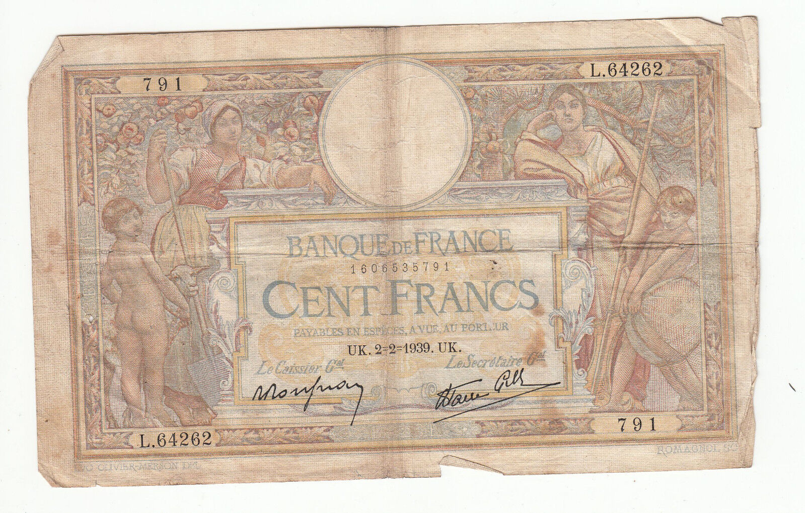 BILLET FRANCE 100 FRANCS MERSON 2 2 1939 UK 122416684375