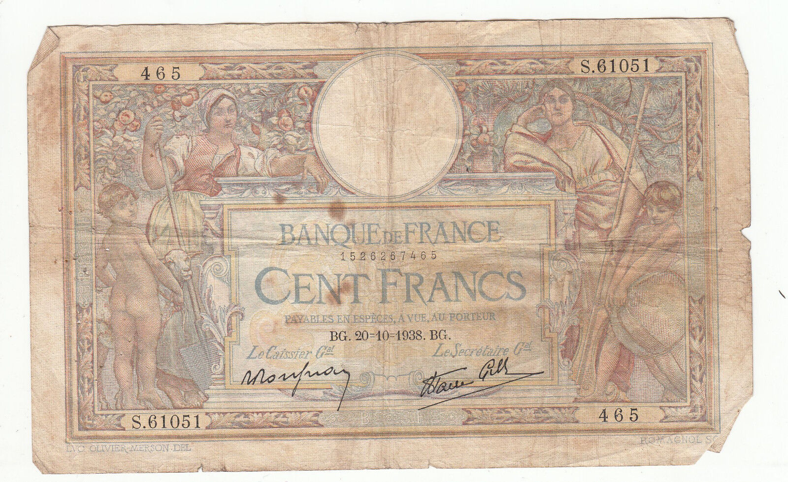 BILLET FRANCE 100 FRANCS MERSON 20 10 1938 BG 122416687935