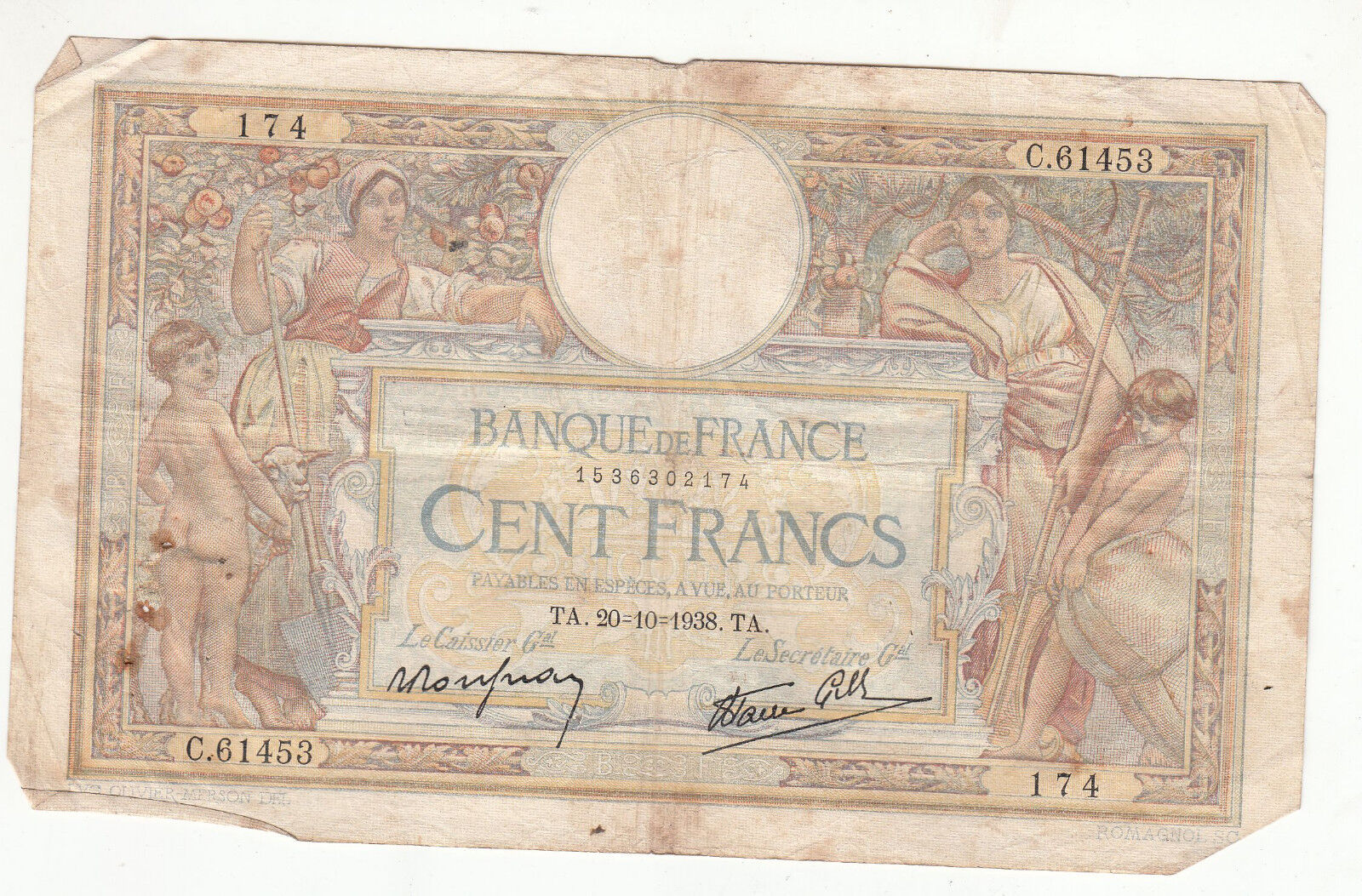 BILLET FRANCE 100 FRANCS MERSON 20 10 1938 TA 122403561115