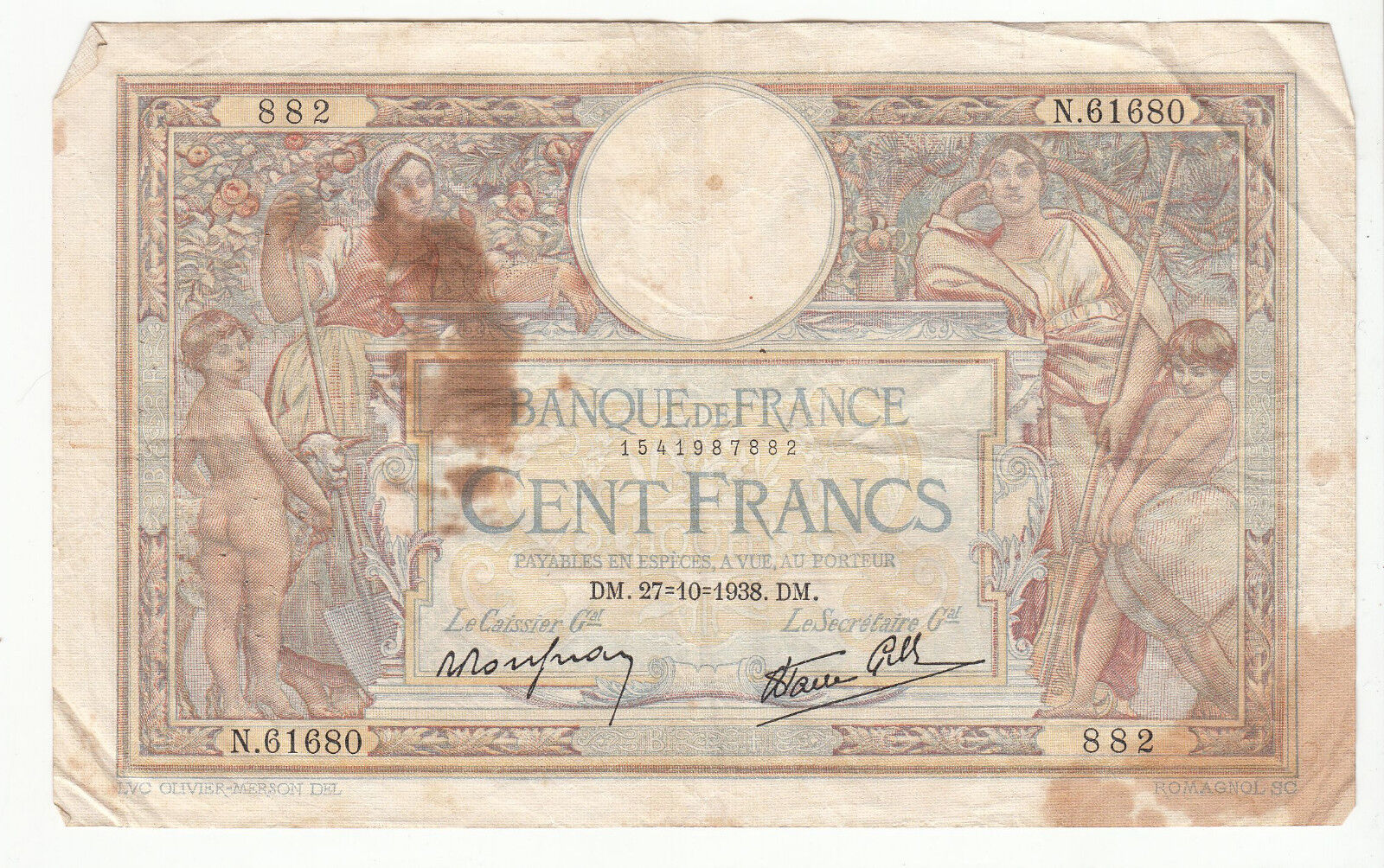 BILLET FRANCE 100 FRANCS MERSON 27 10 1938 DM 122416696765