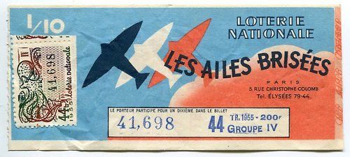 BILLET LOTERIE LES AILES BRISEES AVIATION 1955