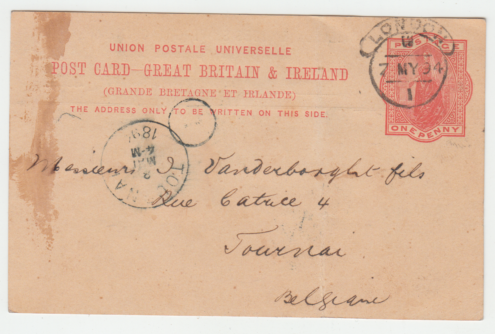 CARTE ENTIER POSTAL 1894 LONDON POUR TOURNAY BELGIQUE 124708006075