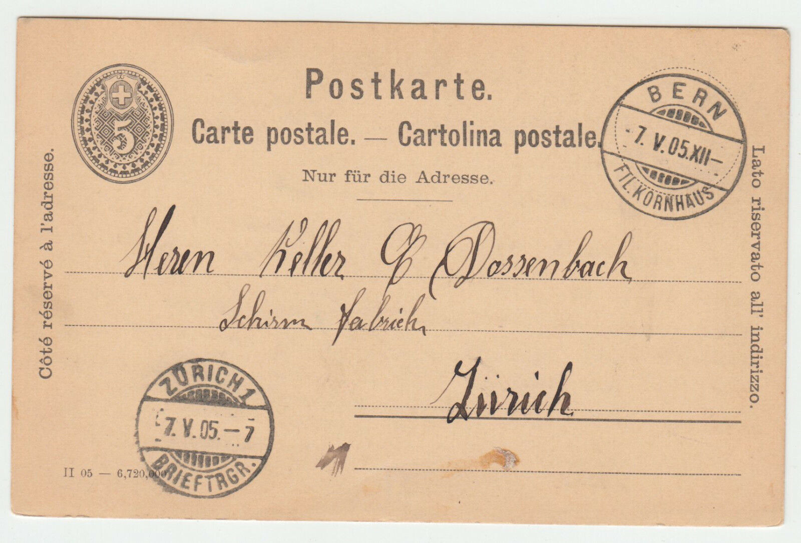 CARTE ENTIER POSTALE SUISSE 1905 BERN POUR ZURICH 402824626865