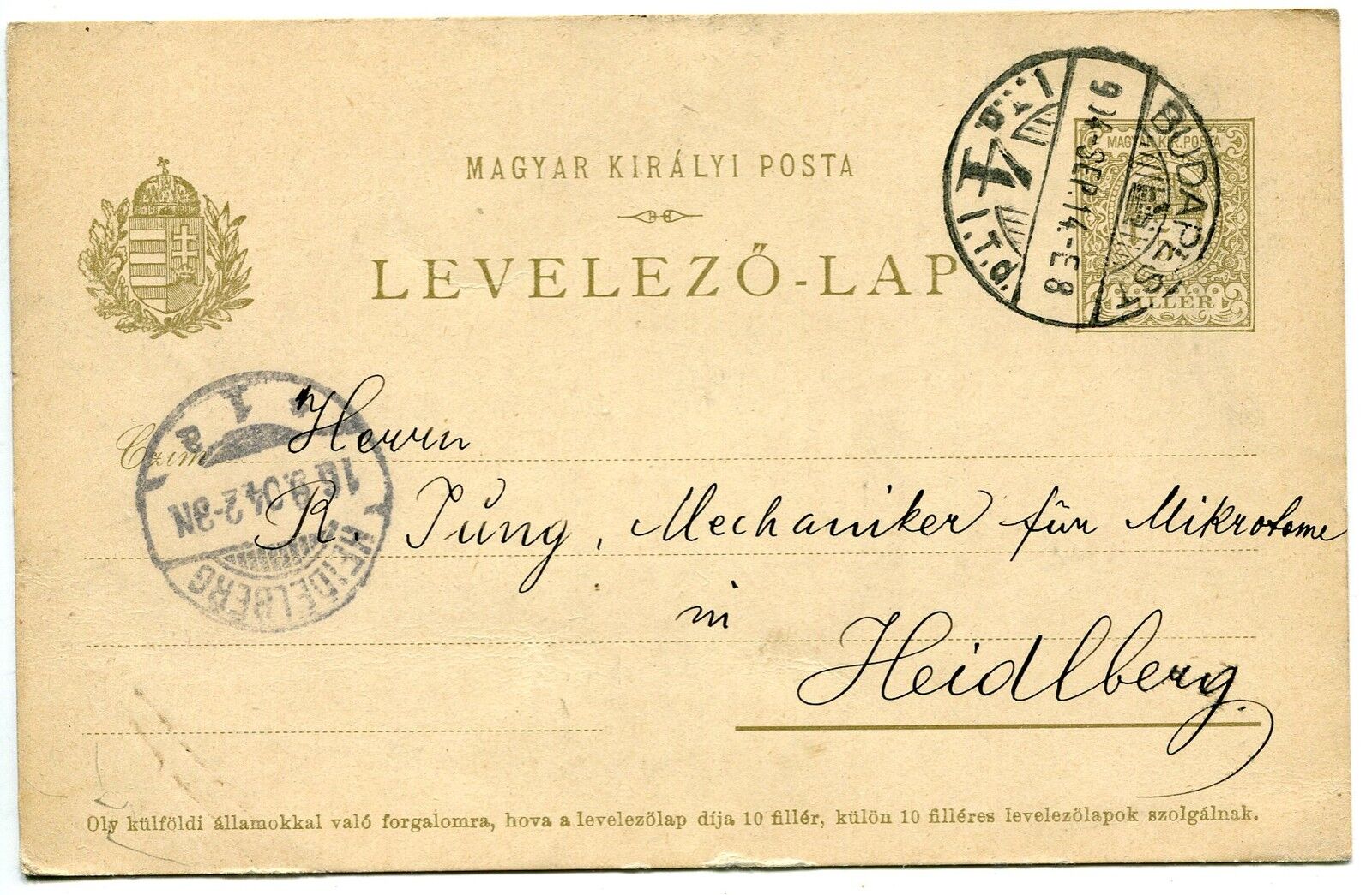 CARTE LETTRE ENTIER POSTALE HONGRIE MAGYAR 1904 BUDAPEST POUR HEIDLBERG 400720627805