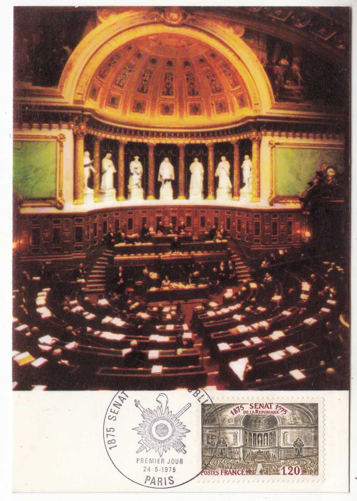 CARTE MAXIMUM FDC 1975 TIMBRE N 1843 SENAT DE LA REPUBLIQUE SALLE DES SEANCES 122813862565