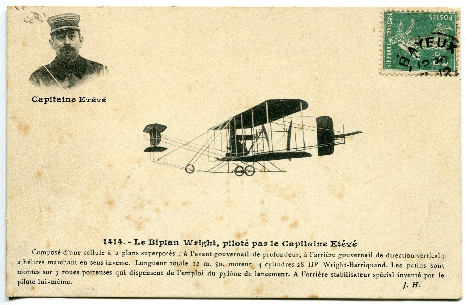 CARTE POSTALE AVIATION CAPITAINE ETEVE LE BIPLAN WRIGHT 400785008325