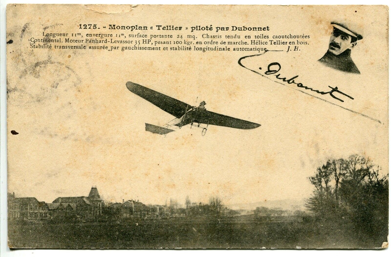 CARTE POSTALE AVIATION MONOPLAN TELLIER PILOTE PAR DUBONNET SIGNATURE 400785013115