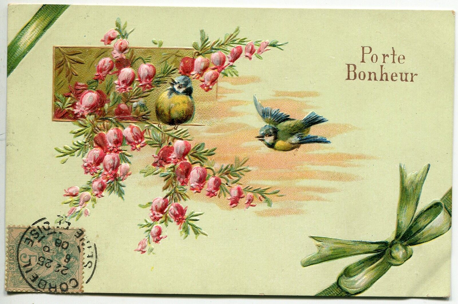 CARTE POSTALE FANTAISIE GAUFFRE 1908 PORTE BONHEUR ROITELET CACHET 400807812815