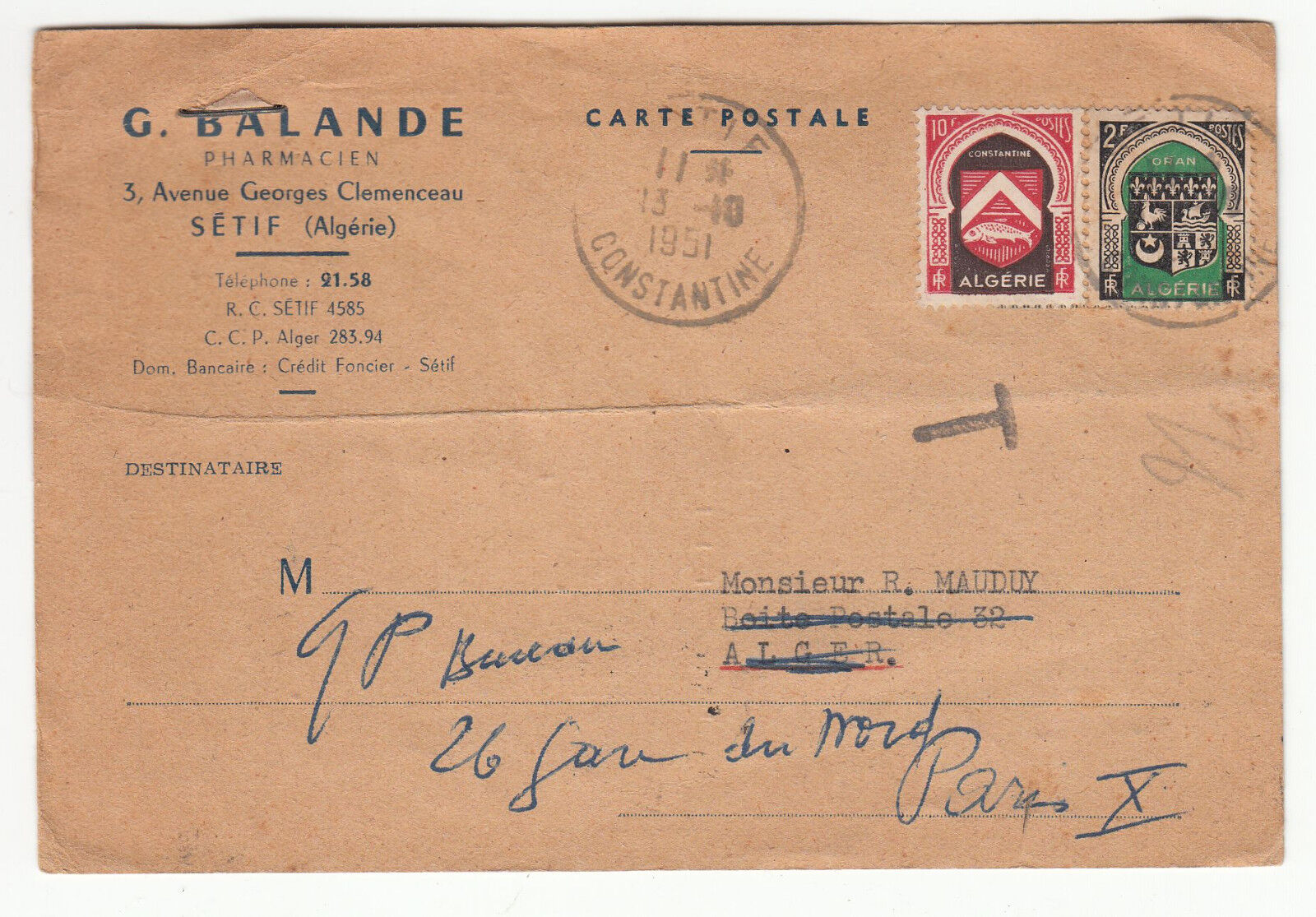 CARTE TAXE PHARMACIEN SETIF ALGERIE PARIS 1951 COMMANDE SERINGUE HYPODERMIQUE 401461443715