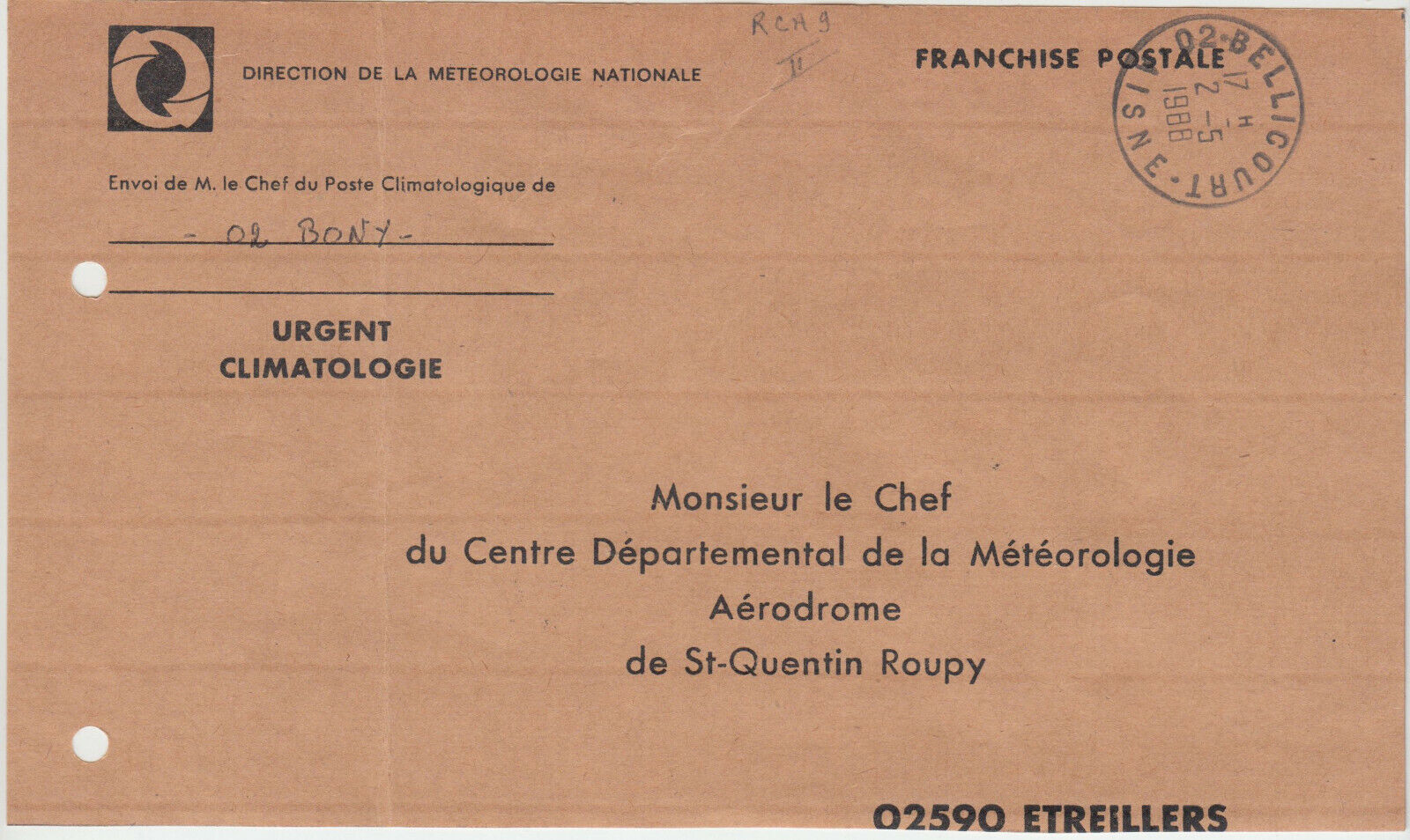 DEVANT DE LETTRE METEROLOGIE BELLICOURT AERODROME ST QUENTIN ETREILLERS 1988 124074937025