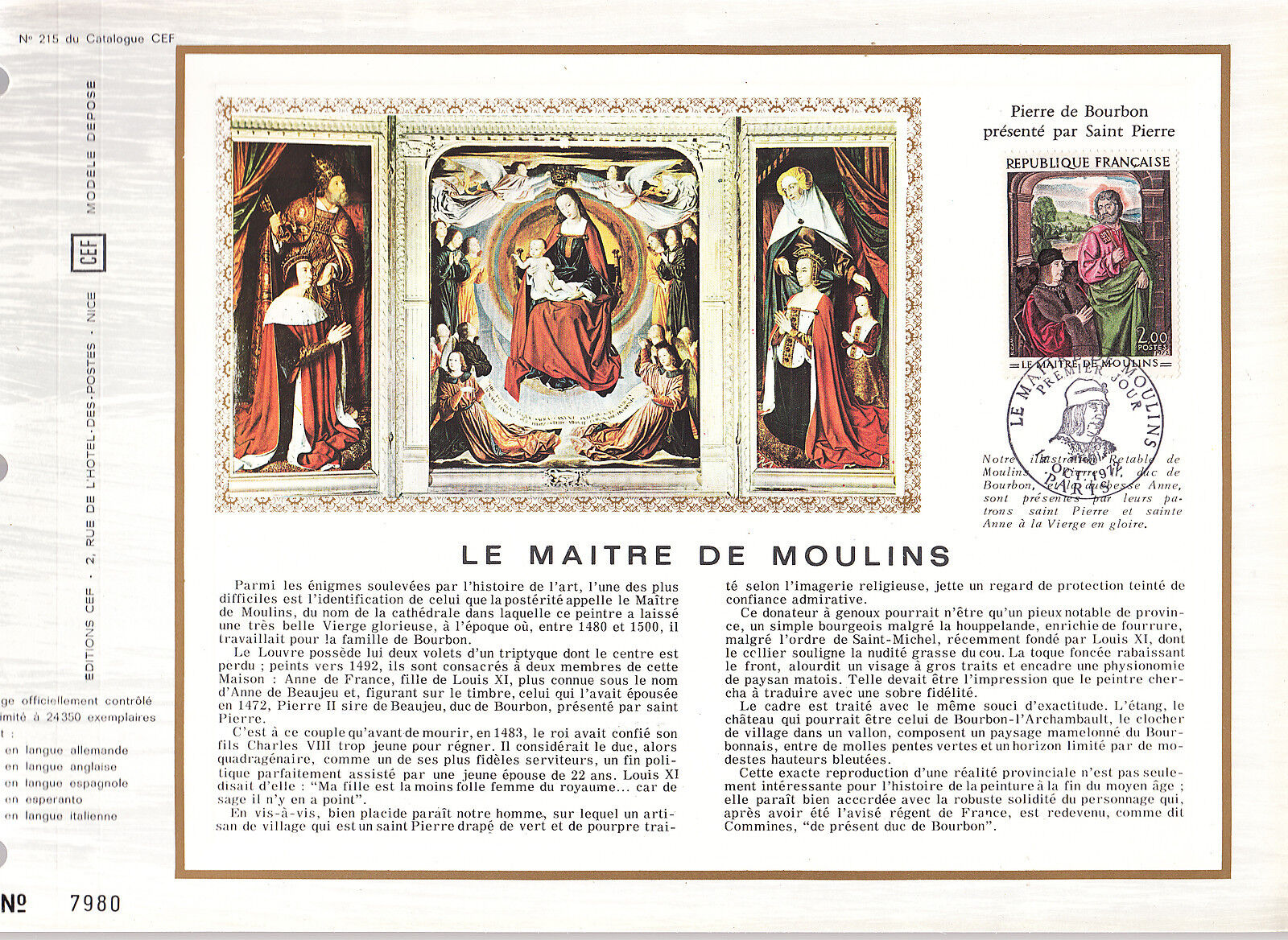 DOCUMENT CEF PREMIER JOUR 1972 LE MAITRE DES MOULINS 121072657625