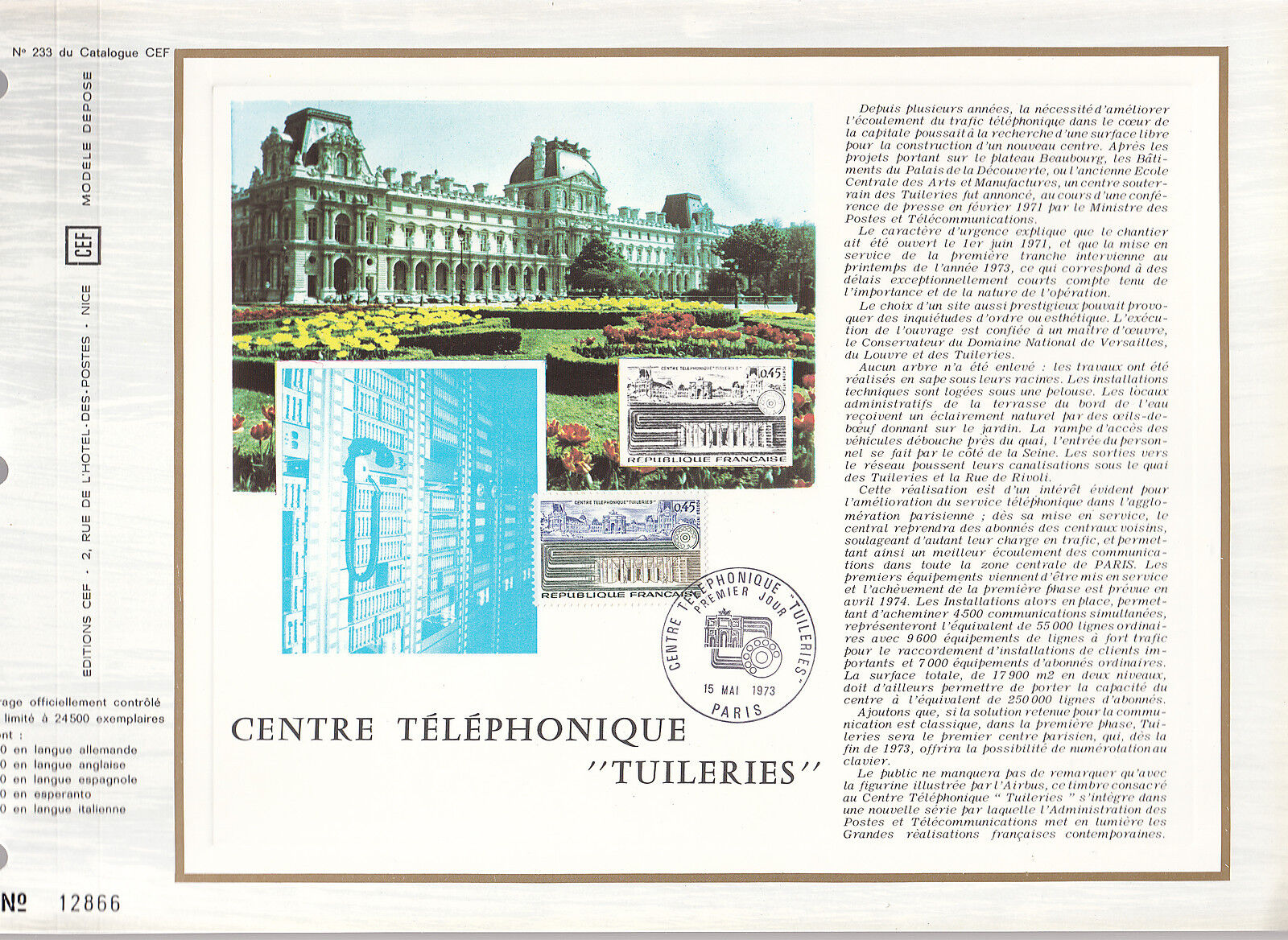 DOCUMENT CEF PREMIER JOUR 1973 CENTRE TELEPHONIQUE TUILERIES 400421679855