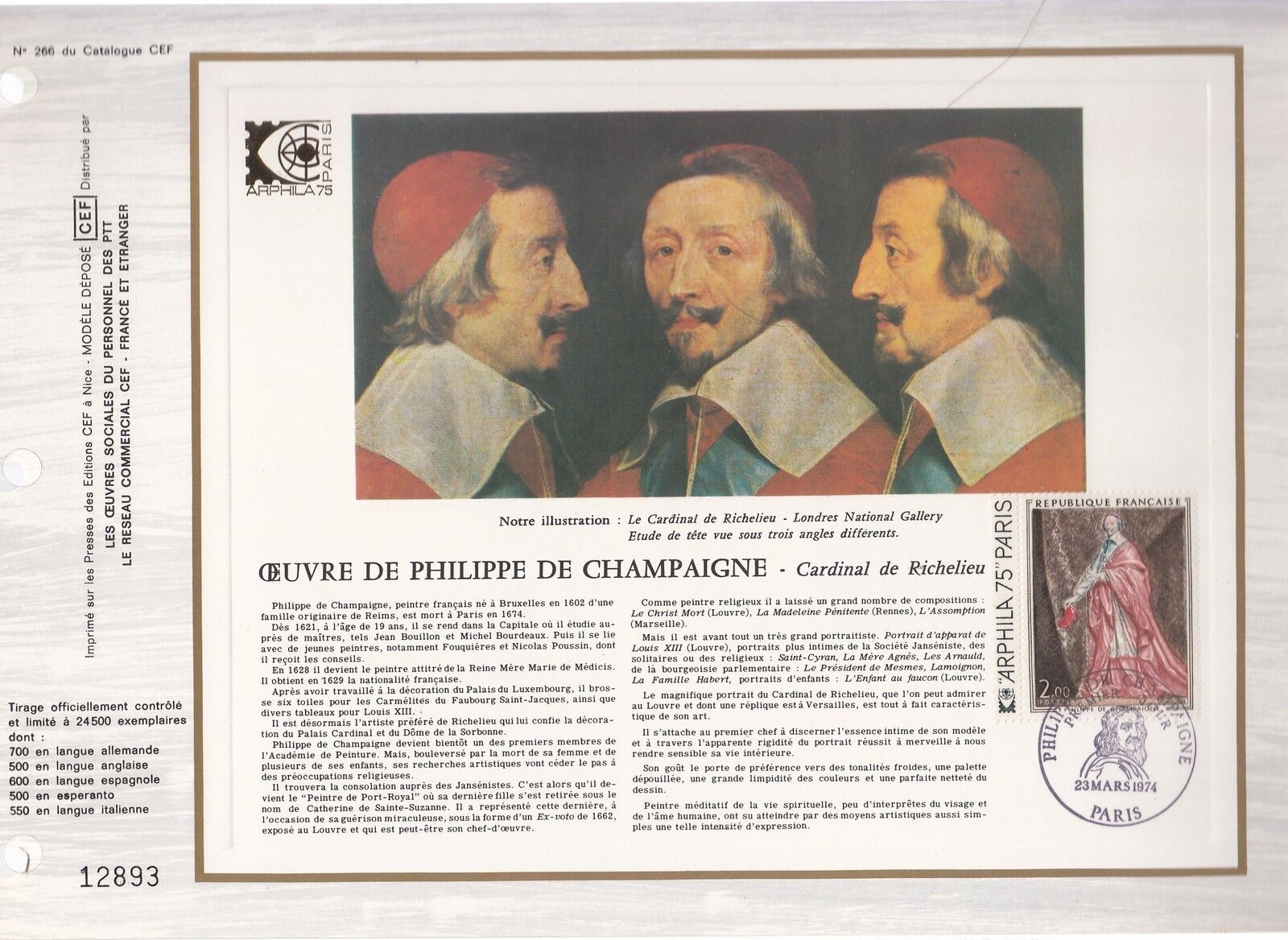 DOCUMENT CEF PREMIER JOUR 1974 RICHELIEU CARDINAL 400339203855