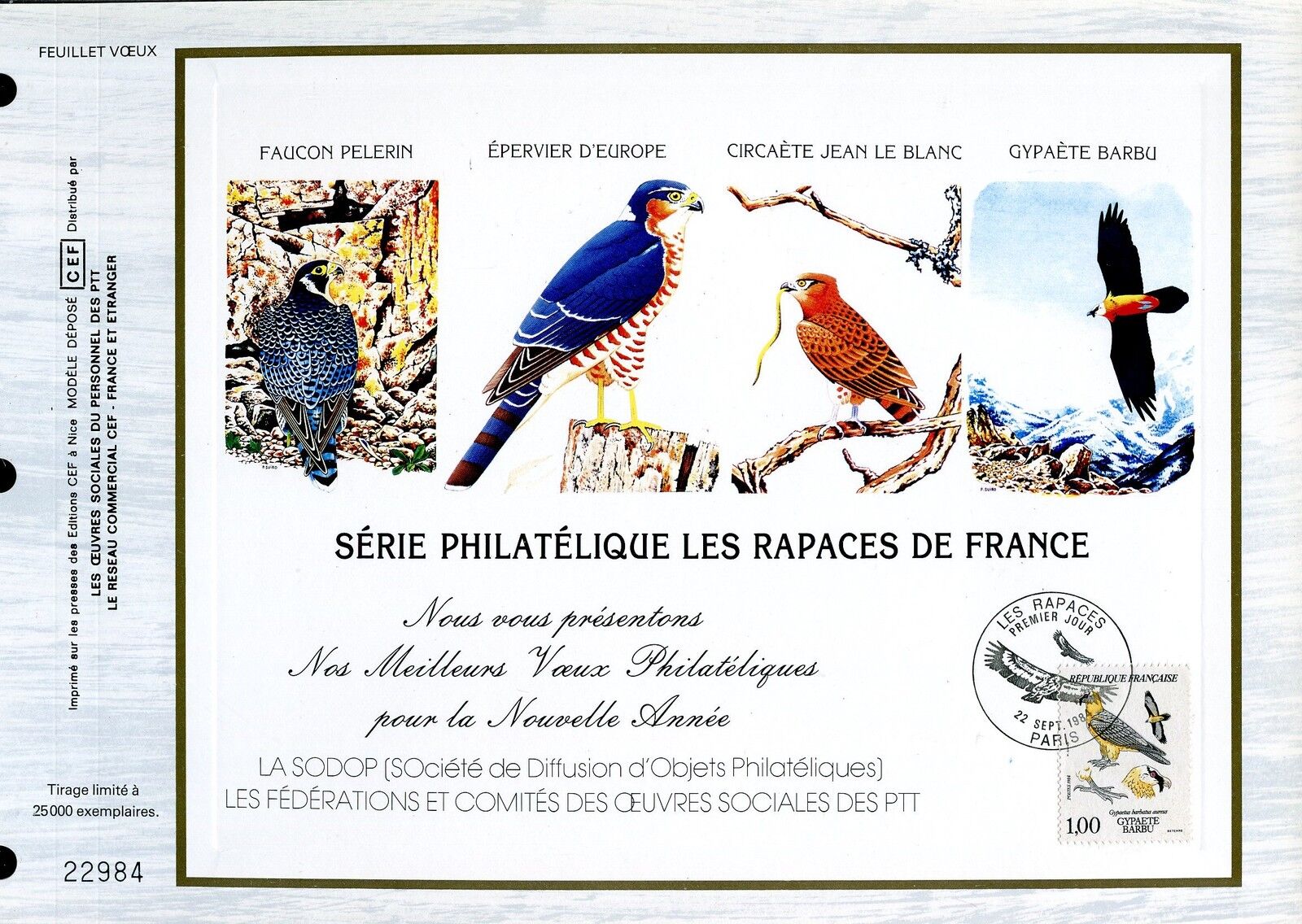 DOCUMENT CEF PREMIER JOUR 1984 TIMBRE N 2337 FAUNE GYPAETE BARBU 400795159675