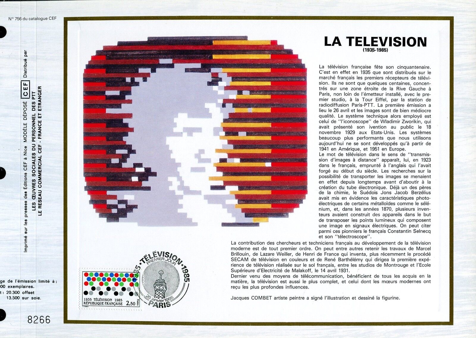 DOCUMENT CEF PREMIER JOUR 1985 TIMBRE N 2353 LA TELEVISION 50 ANS 400795160555