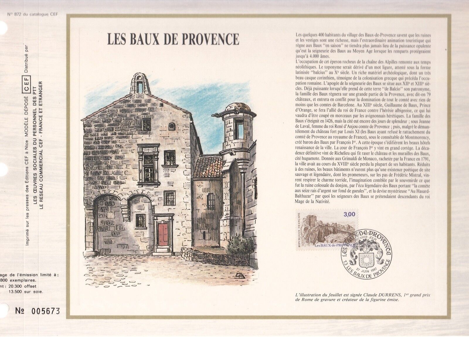 DOCUMENT CEF PREMIER JOUR  1987  LES BAUX DE PROVENCE