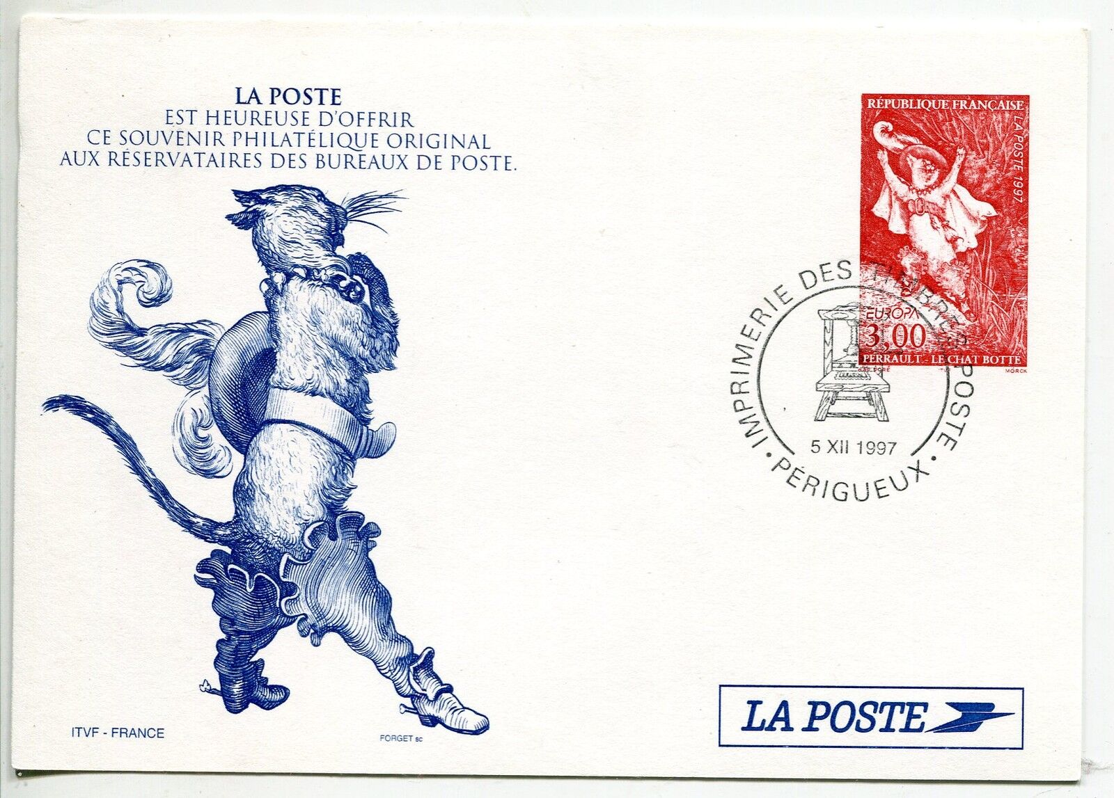 ENTIER POSTALE DU N 3058 EUROPA COMPTE ET LEGENDE LE CHAT BOTTE 1997 PERIGEUX 121523387555