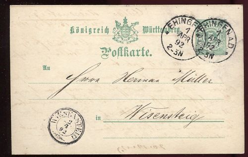 ENTIER POSTALE WURTTEMBERG EHEINGEN 1892 110649200175