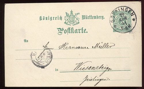 ENTIER POSTALE WURTTEMBERG GOPPINGEN 1891 120685005255