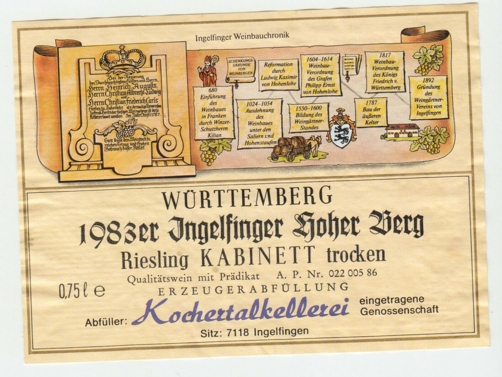 ETIQUETTE DE VIN 1983 WURTTEMBERG INGELFINGER HOHER BERG KOCHERTALKELLEREI 124438225765