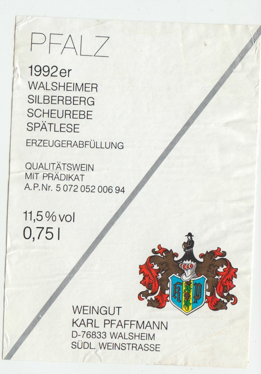ETIQUETTE DE VIN 1992 PFALZ WALSHEIMER SILBERBERG SCHEUREBE SPATLESE 402553003175