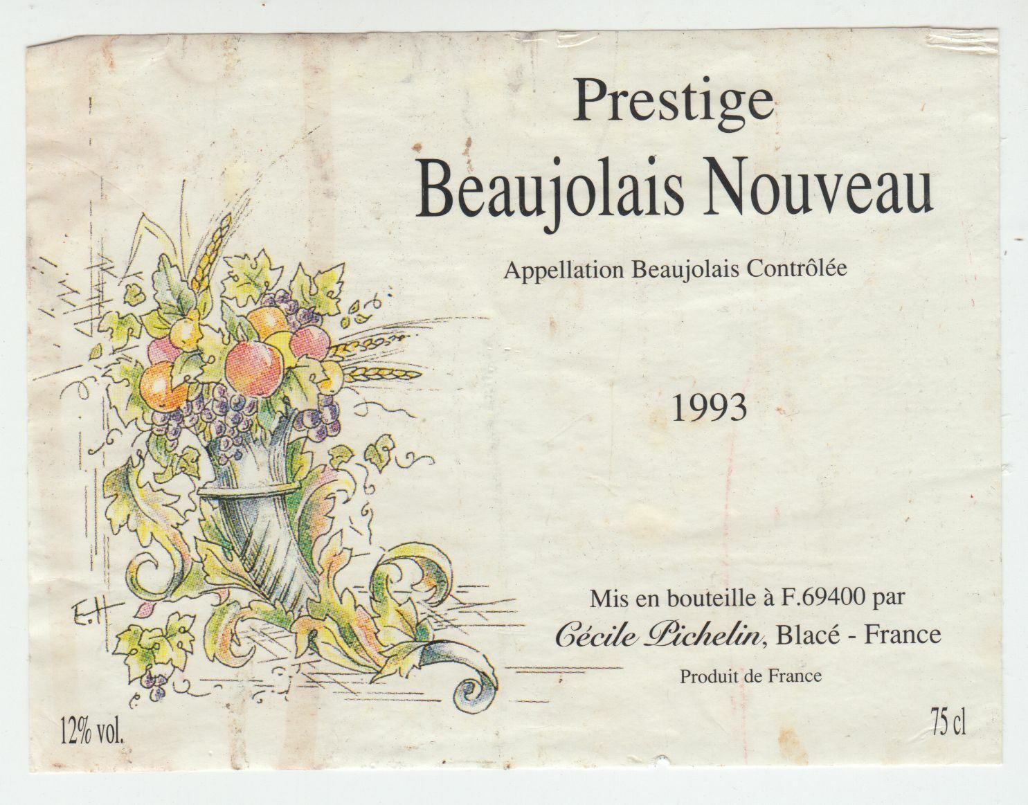 ETIQUETTE DE VIN BEAUJOLAIS NOUVEAU 1993 PRESTIGE CECILE PICHELIN 402695573005