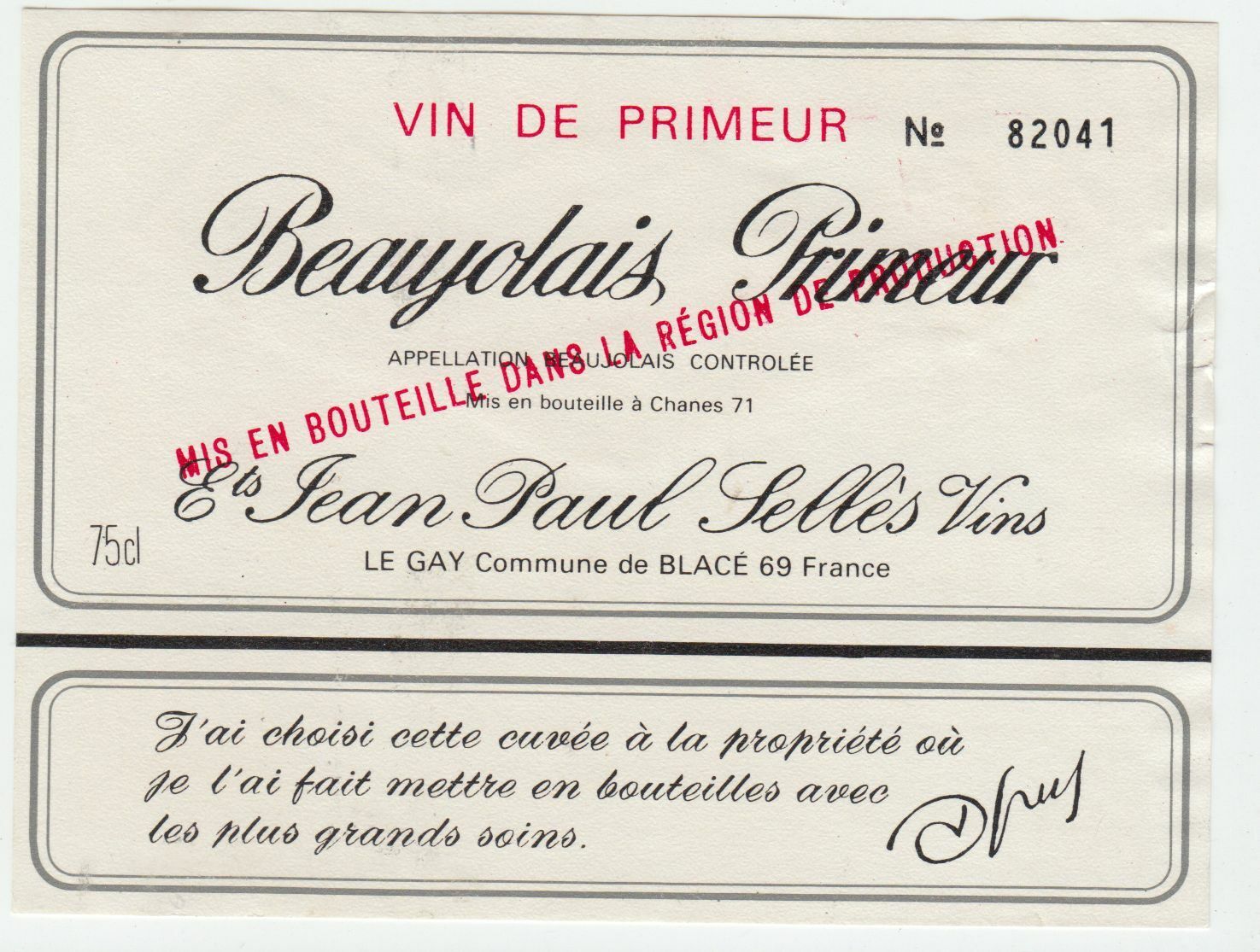 ETIQUETTE DE VIN BEAUJOLAIS PRIMEUR JEAN PAUL SELLES VINS 402695573035