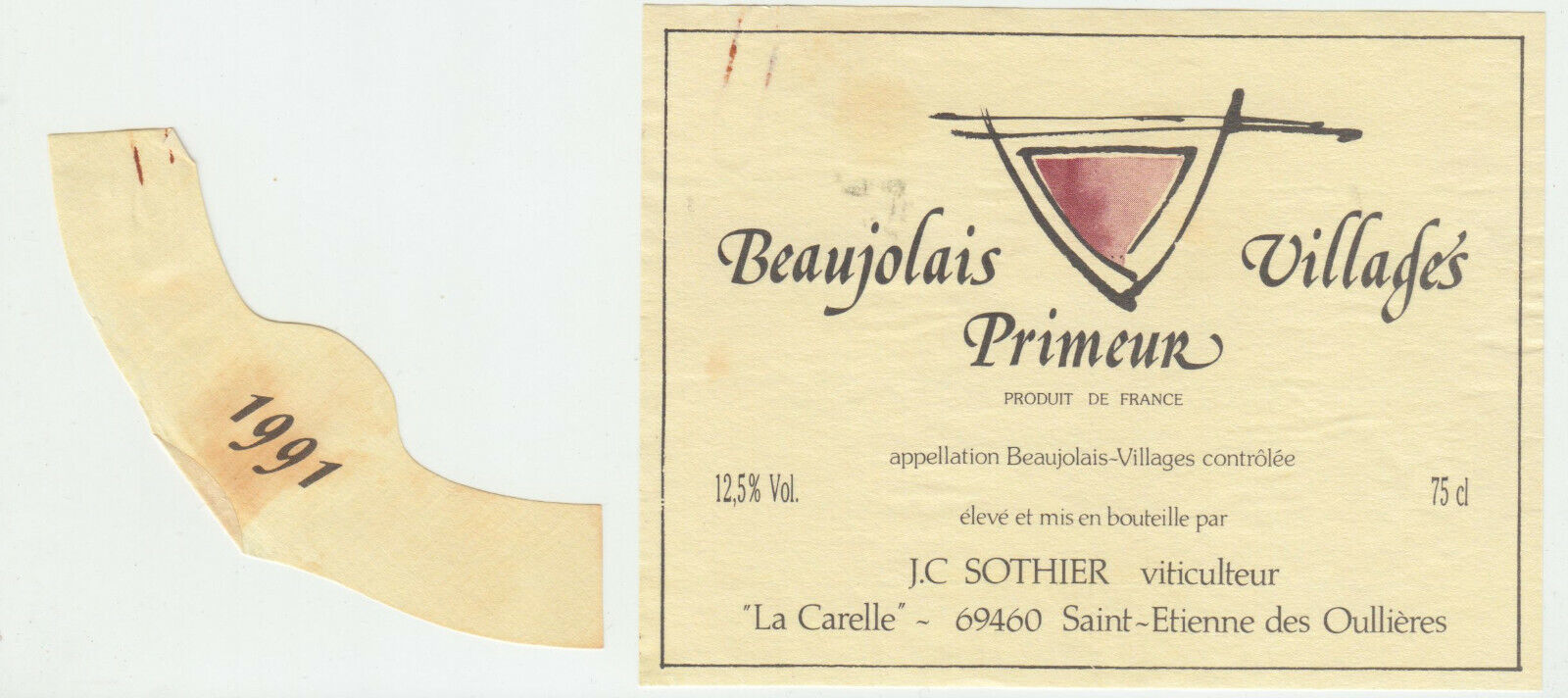 ETIQUETTE DE VIN BEAUJOLAIS VILLAGE PRIMEUR 1991 JC SOTHIER 402695573045