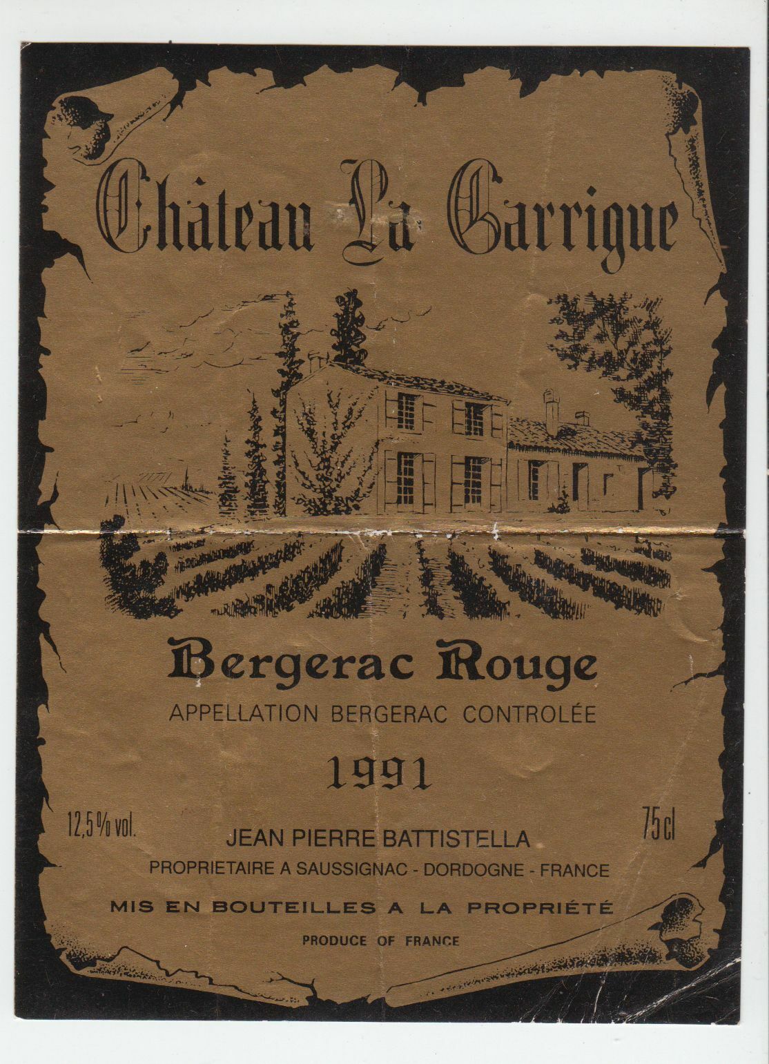 ETIQUETTE DE VIN BERGERAC 1991 CHATEAU LA GARRIGUE JEAN PIERRE BATTISTELLA 124552112025