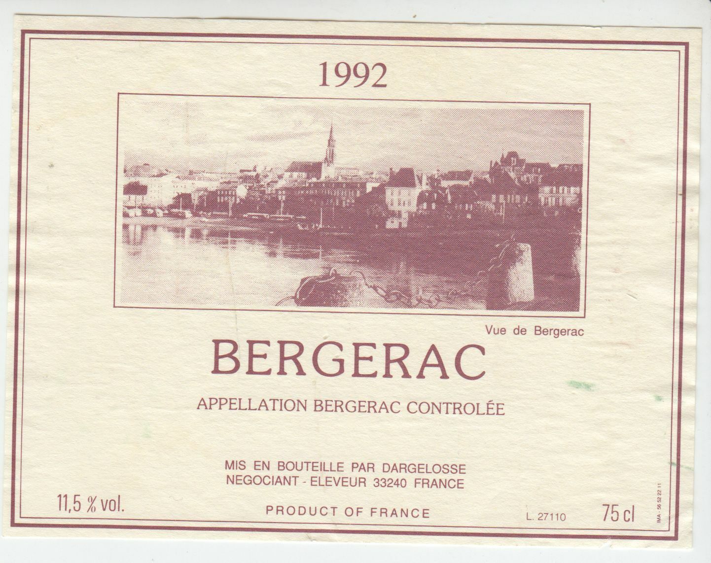 ETIQUETTE DE VIN BERGERAC 1992 402654737195