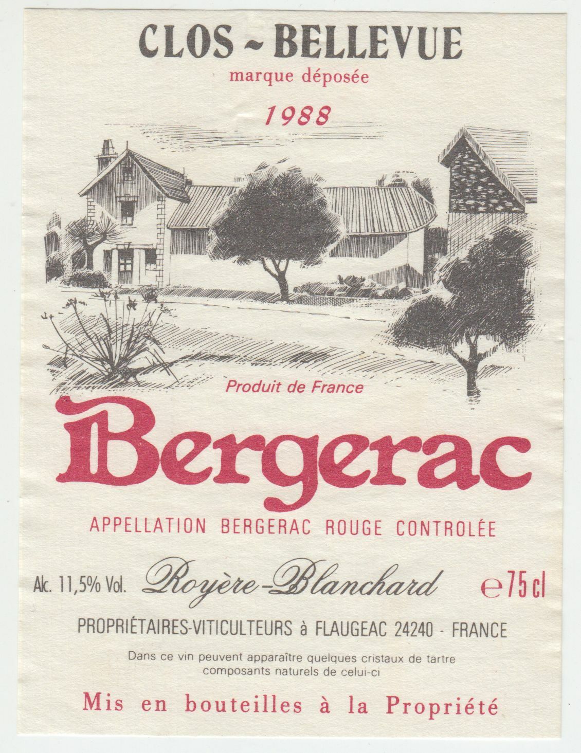 ETIQUETTE DE VIN BERGERAC CLOS BELLEVUE 1988 ROYERE BLANCHARD 402654737155