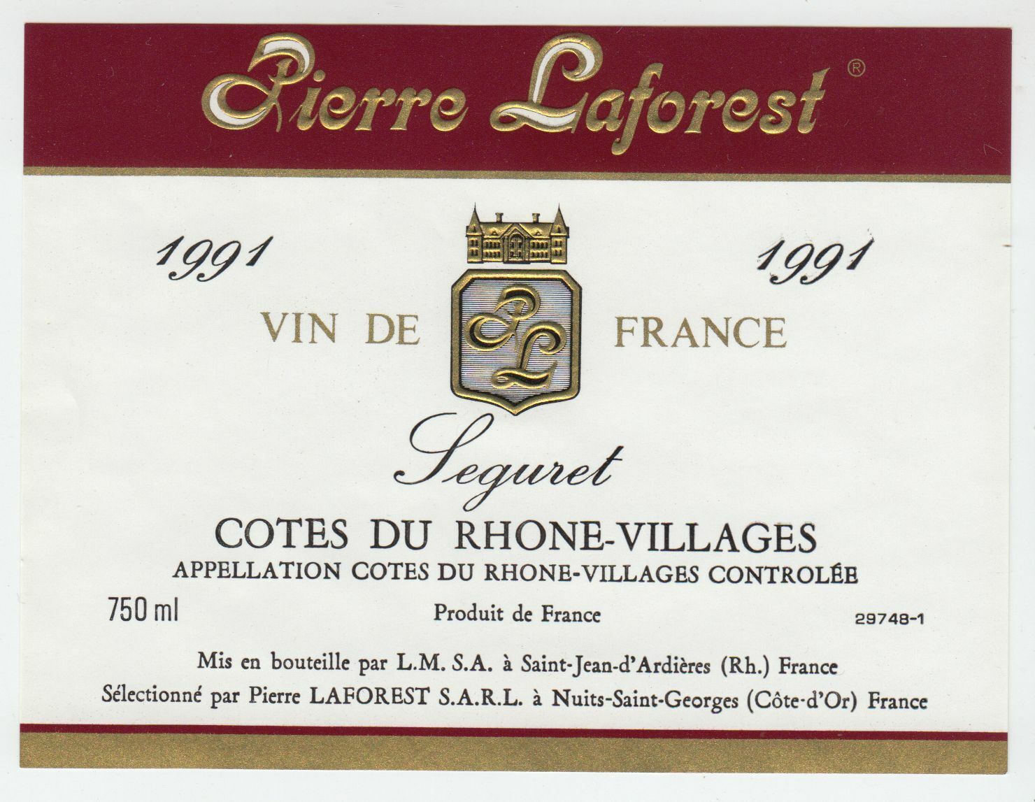 ETIQUETTE DE VIN BONS COTES DU RHONE 1991 PIERRE LAFOREST LEGURET 124461947805