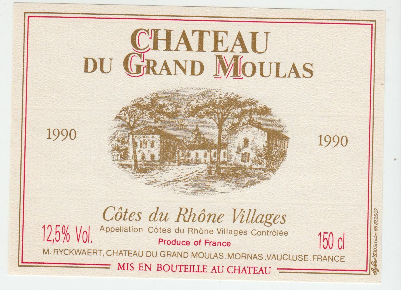 ETIQUETTE DE VIN BONS COTES DU RHONE VILLAGES 1990 CHATEAU DU GRAND MOULAS 402581825555