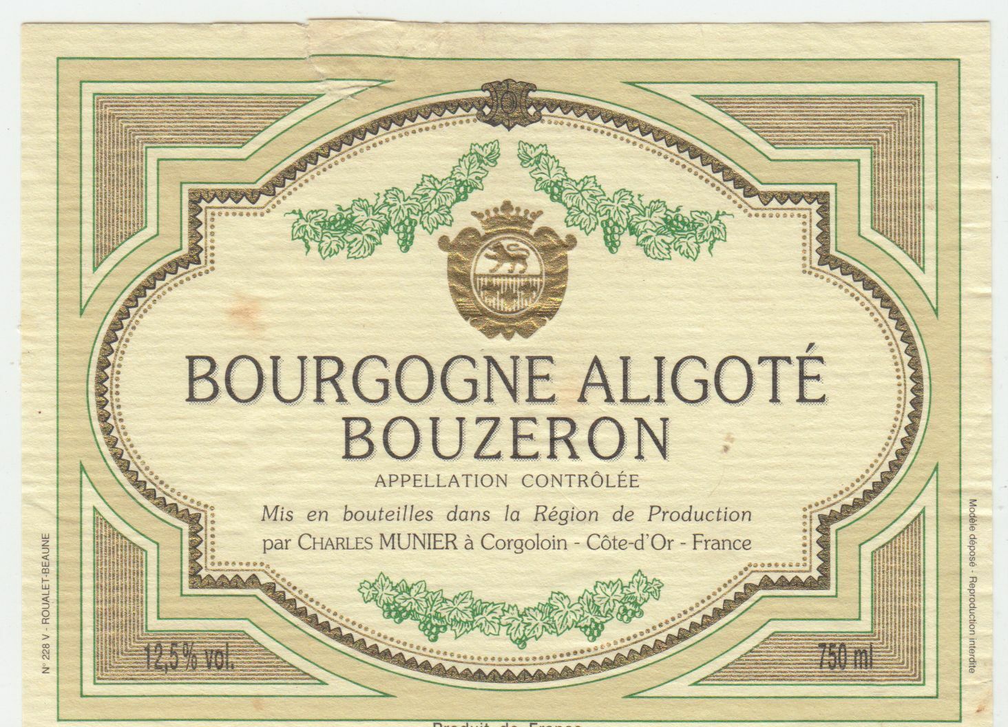 ETIQUETTE DE VIN BOURGOGNE ALIGOTE BOUZERON 124555697085