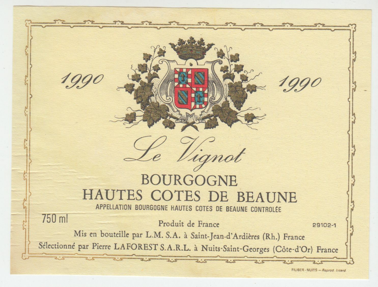 ETIQUETTE DE VIN BOURGOGNE HAUTES COTES DE BEAUNE 1990 LE VIGNOT 402673357275