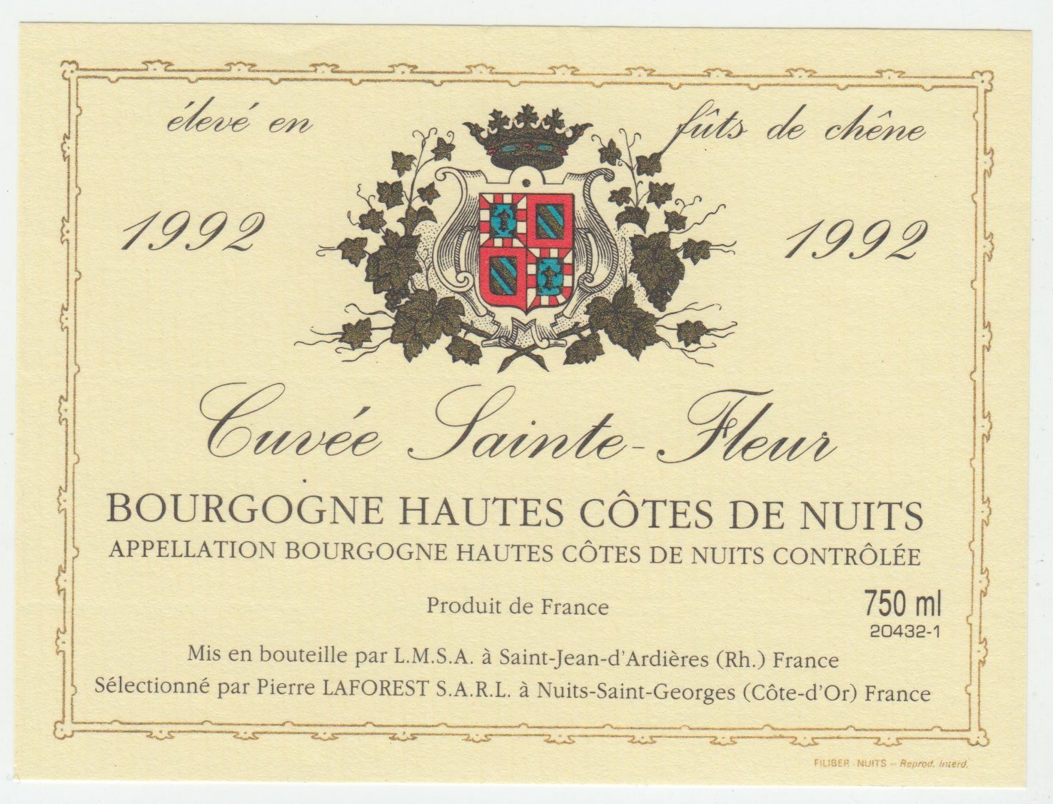 ETIQUETTE DE VIN BOURGOGNE HAUTES COTES DE NUITS 1992 CUVEE SAINT FLEUR 124555697075