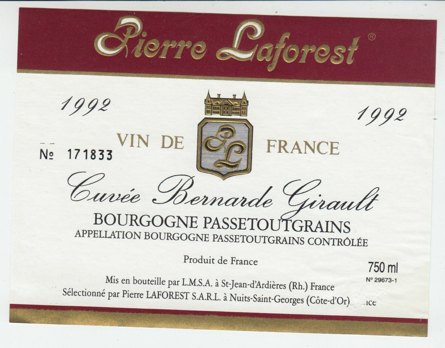 ETIQUETTE DE VIN BOURGOGNE PASSETOUTGRAINS CUVEE BERNARDE GIRAULT 1992 402673357245