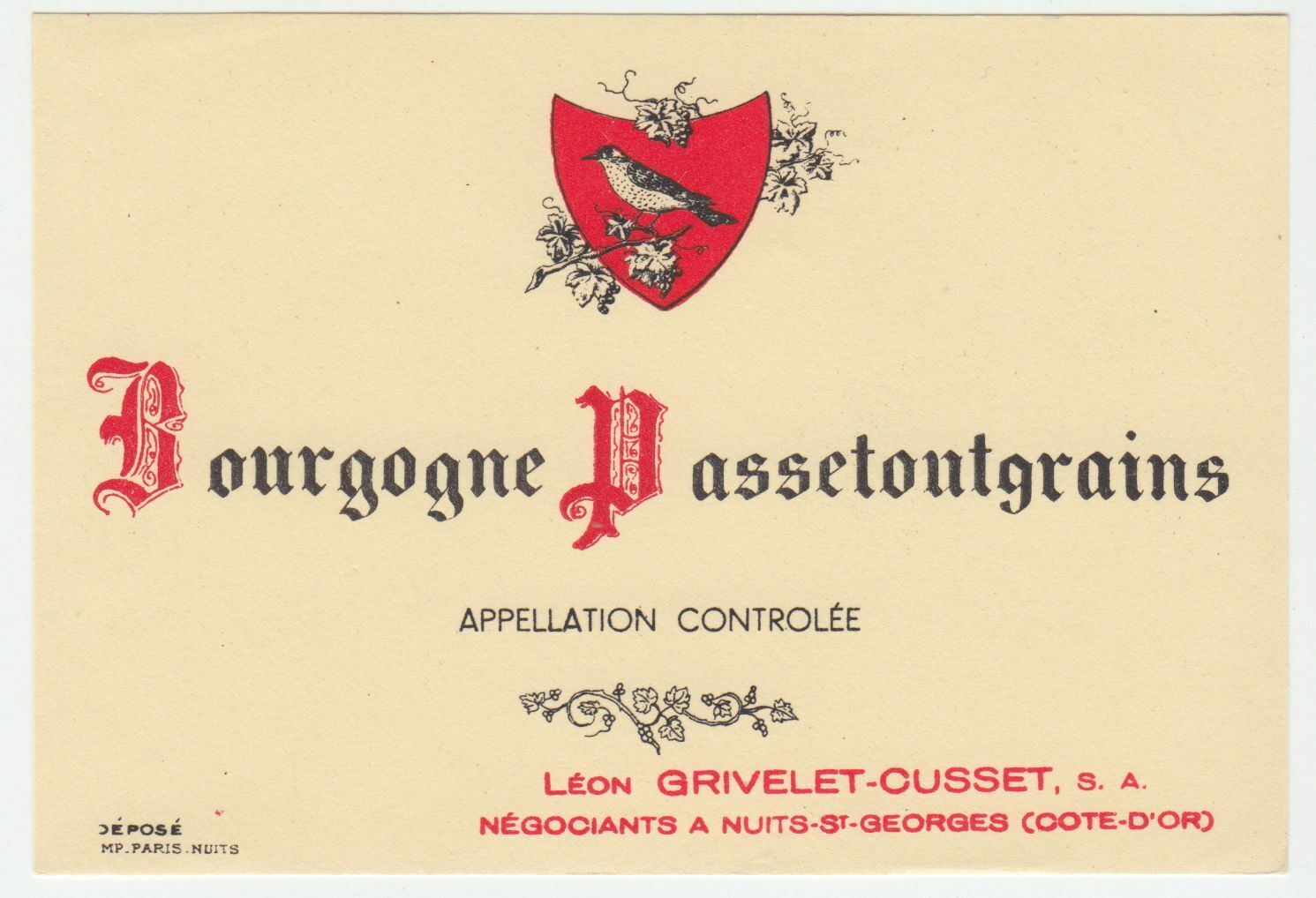 ETIQUETTE DE VIN BOURGOGNE PASSETOUTGRAINS LEON GRIVELET CUSSET GRIVE 124555697055