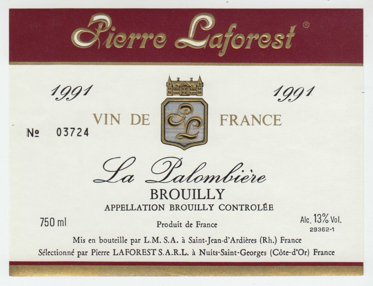 ETIQUETTE DE VIN BROUILLY 1991 LA PALOMBIERE 402673357265