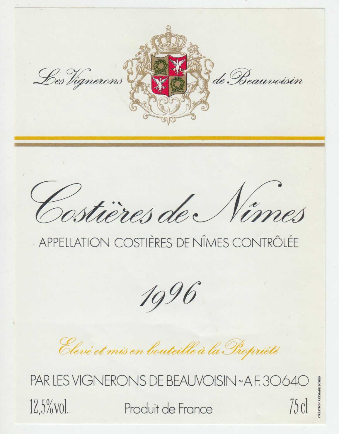 ETIQUETTE DE VIN COSTIERES DE NIMES 1996 LES VIGNERONS DE BEAUVOISIN 402669072085