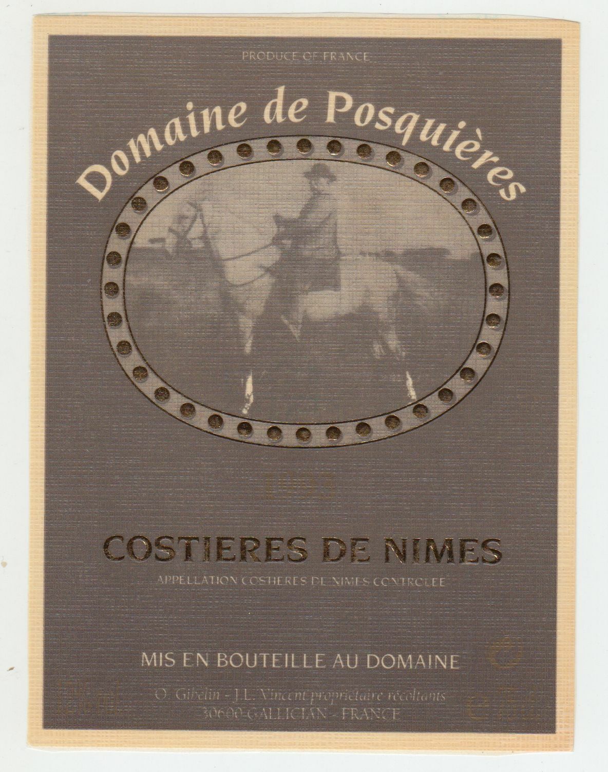 ETIQUETTE DE VIN COSTIERES DE NIMES DOMAINE DE POSQUIERES CHEVAL CAVALIER 124552112065